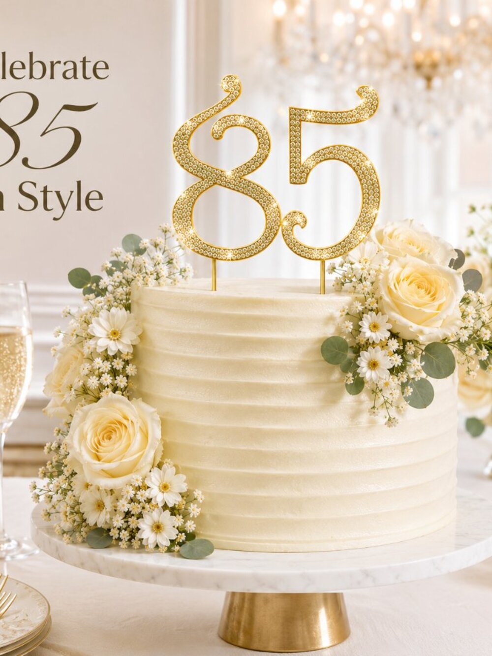 Rhinestone Cake Topper - Number 85 - Gold Metal with Czech Rhinestones
